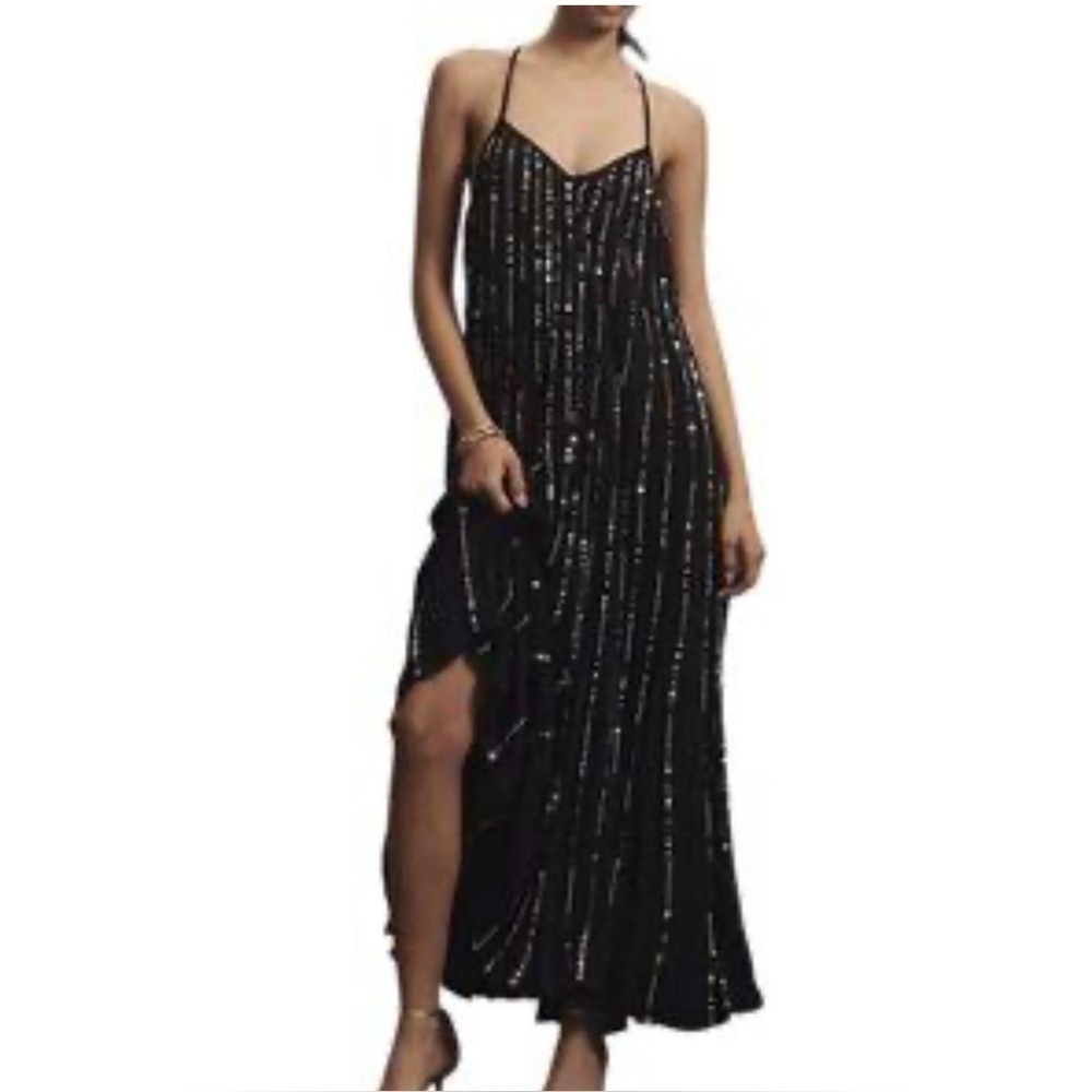 NWT Farm Rio Black Sequin V-Neck Maxi Dress Sleeveless Embellished Gown S